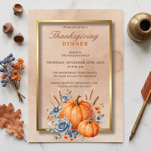 Stofbloemige Blauwe Bloemige Pompoen Thanksgiving- Kaart