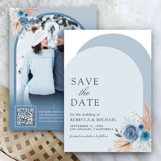Stofbloemige Blauwe Boho Pampas Boog Foto QR Code Save The Date