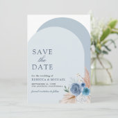 Stofbloemige Blauwe Boho Pampas Boog Foto QR Code Save The Date (Staand voorkant)