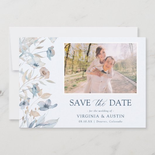 Stofbloemige blauwe foto save the date (Voorkant)