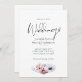 Stofbloemige Blauwe Koraal Bloemige Trouw Uitnodig (Voorkant / Achterkant)