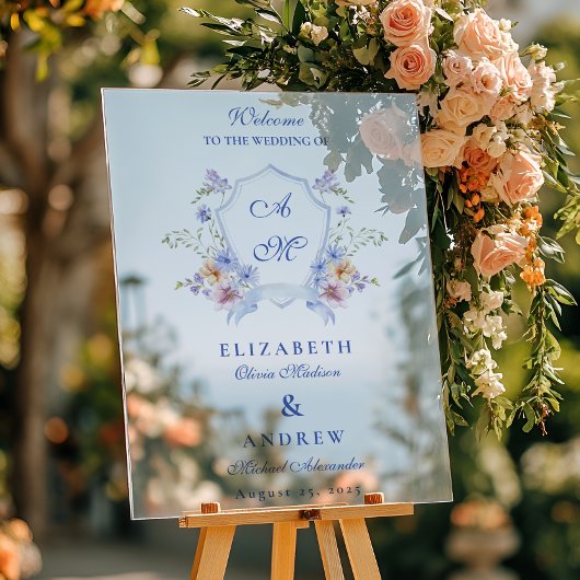 Stofbloemige Blauwe Kuif Bruiloft Acryl Bord