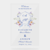 Stofbloemige Blauwe Kuif Bruiloft Acryl Bord (Voorkant)