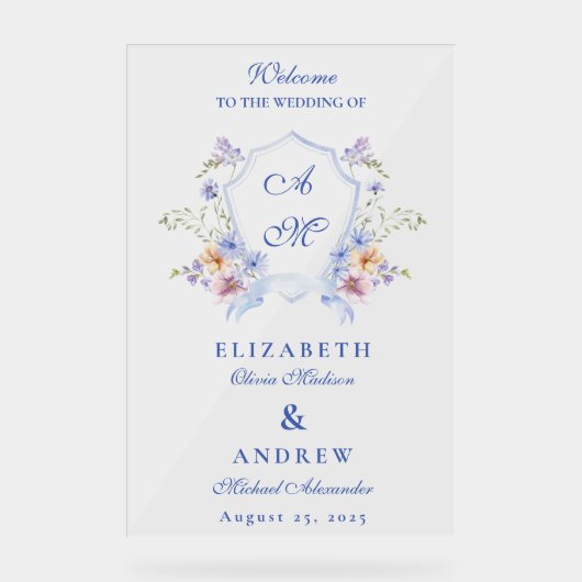 Stofbloemige Blauwe Kuif Bruiloft Acryl Bord (Voorkant)