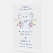 Stofbloemige Blauwe Kuif Bruiloft Acryl Bord (Hoek)