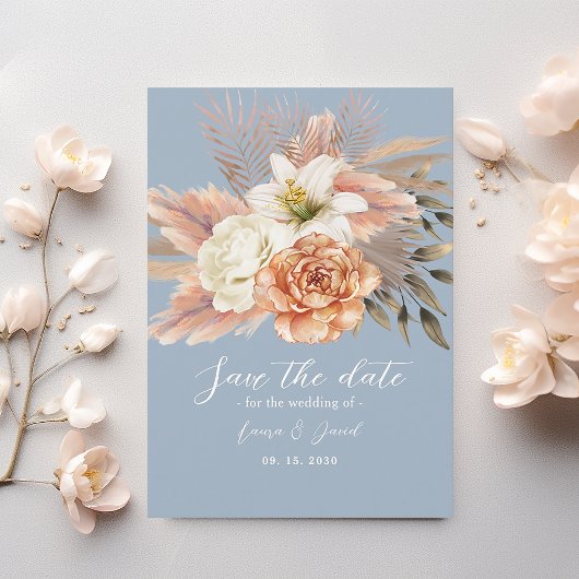 Stofbloemige Blauwe Perzik Bloemige Boho Bruiloft Save The Date