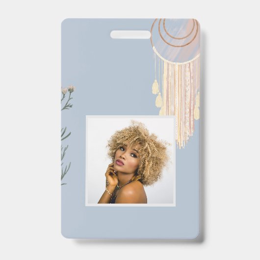 Stofbloemige Blauwe Perzik Boho Droomvanger Badge (Voorkant)