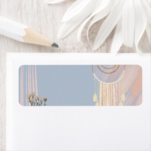 Stofbloemige Blauwe Perzik Boho Droomvanger Etiket (Insitu)