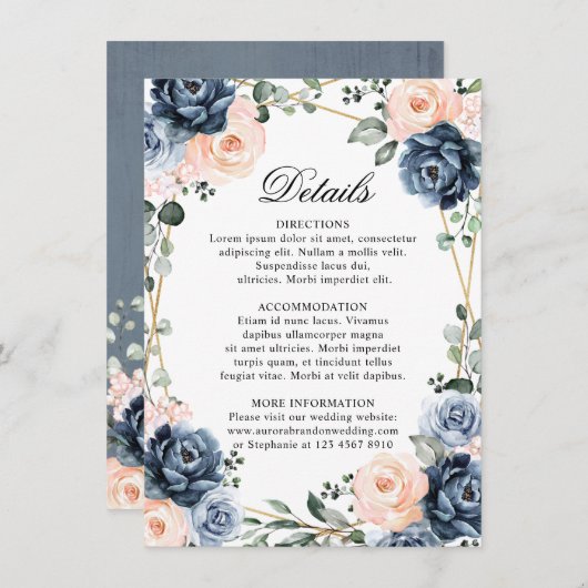 Stofbloemige Blauwe Perzikroze Geometrische Trouwd Informatiekaartje (Voorkant / Achterkant)