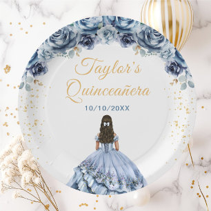 Stofbloemige Blauwe Prinses Bloemige Quinceañera Papieren Bordje