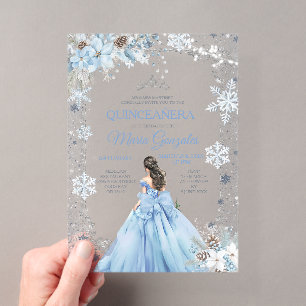 Stofbloemige Blauwe Prinses Bloemige Winter Sneeuw Acryl Uitnodigingen