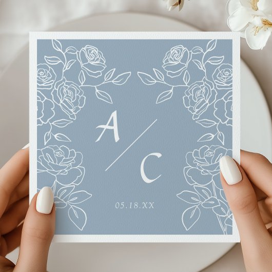 Stofbloemige Blauwe Roos Bruilofts Monogram Bloem Servet