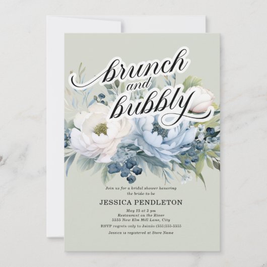 Stofbloemige blauwe saliegroene bruiloftsborrel bu kaart (Voorkant)