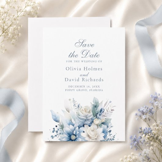 Stofbloemige Blauwe Save the Date Kaart