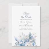 Stofbloemige Blauwe Save the Date Kaart (Voorkant)