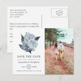 Stofbloemige Blauwe Trouw 'Save the Date' Postkaar Briefkaart