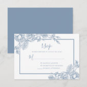 Stofbloemige blauwe trouwjurk RSVP kaartje (Voorkant / Achterkant)