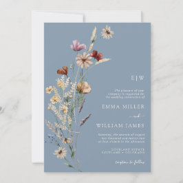 Stofbloemige Blauwe Wilde Bloemen Bruiloft Kaart