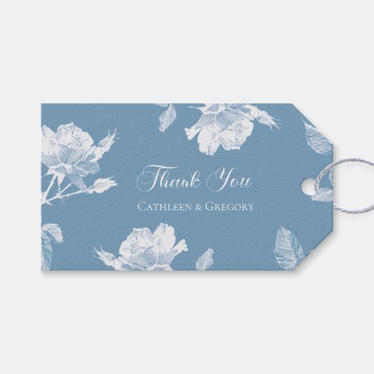 Stofbloemige Blauwe Witte Rozen Bloemstuk Bedankt Cadeaulabel (Voorkant (Horizontaal))