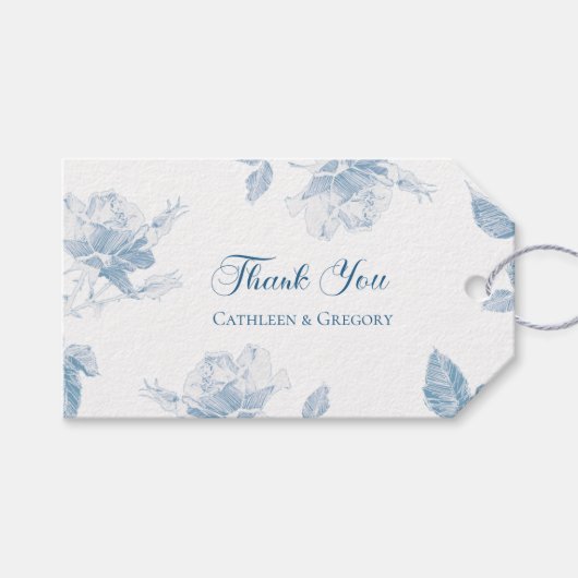 Stofbloemige Blauwe Witte Rozen Bloemstuk Bedankt Cadeaulabel (Voorkant (Horizontaal))