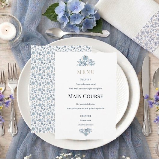 Stofbloemige Folk Bruiloft in Blauwtinten Menu