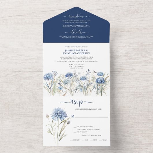 Stofbloemige korenbloemen, bruiloft van de Zoete W All In One Uitnodiging (Binnen)