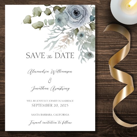Stofbloemrozen op Witte Trouwkaart Save The Date