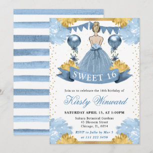 Stofblouse Blauwe Jurk Blond Prinses Sweet 16 Kaart