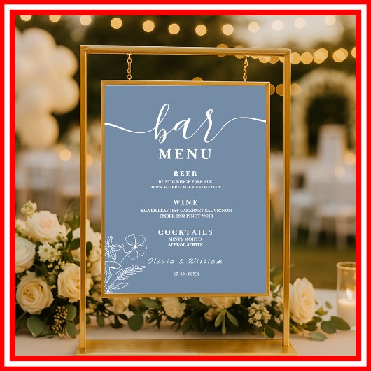 Stofbruiloft Blauw | Wilde Bloemen Bar Menu Poster