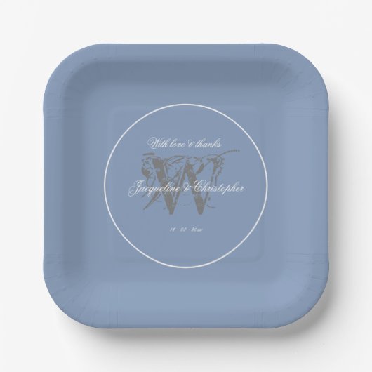 Stofbruiloft Elegant Grijs Monogram Papieren Bordje (Voorkant)