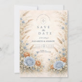 Stofbruiloft in blauwe tuin save the date (Voorkant)
