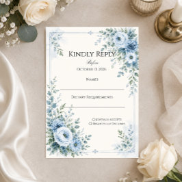 Stofbruiloft met blauwe bloemen RSVP kaartje