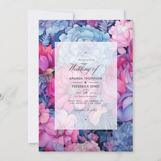 Stofbruiloft met blauwe en fuchsia bloemen kaart (Voorkant)