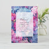 Stofbruiloft met blauwe en fuchsia bloemen kaart (Staand voorkant)