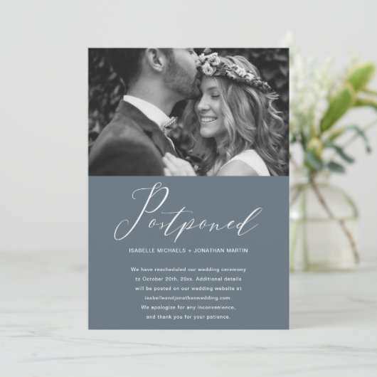 Stofbruiloft Uitgesteld Nieuwe Datum Foto Aankondiging (Staand voorkant)