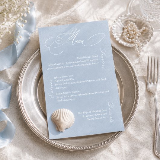 Stofbruiloftsmenu kaart romantisch blauw