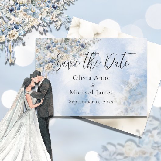 Stofbruin Blau Aquarel Bloemendruk Bruiloft Save The Date