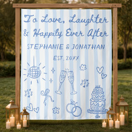 Stofbruin Blau Handgetekend Whimsical Trouw Achter Wandkleed