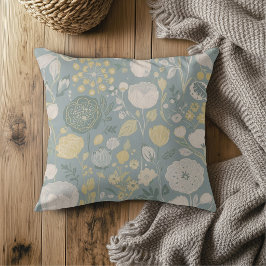 Stofbruin Blauw Geel Beige Moderne Bloemenprint Kussen