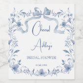 Stofbruin blauwe bloemenlint bruiloftsshower favor wijn etiket (Enkel label)