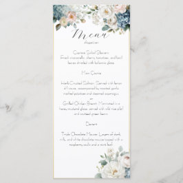 Stofbruin Blauwe & Blush Bloemige Trouwmenu Kaart