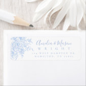 Stofbruin Blauwe Franse Bloemrijke Script Trouwadr Etiket (Insitu)