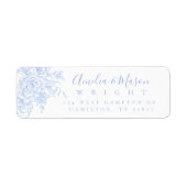 Stofbruin Blauwe Franse Bloemrijke Script Trouwadr Etiket (Voorkant)