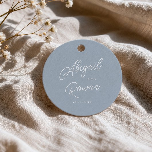 Stofbruin blauwe minimalistische moderne script hu bedankjes labels