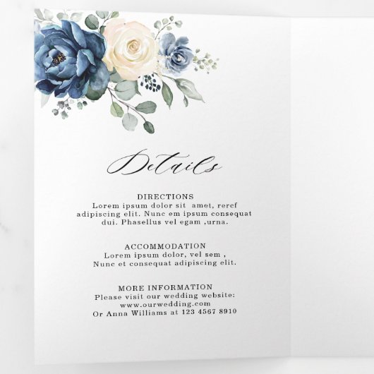 Stofbruin Blauwe Navy Champagne Ivoor Bloemendriev Drieluik Aankondiging (Binnenzijde eerst)