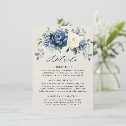 Stofbruin Blauwe Navy Champagne Ivoren Trouwdetail Informatiekaartje (Staand voorkant)