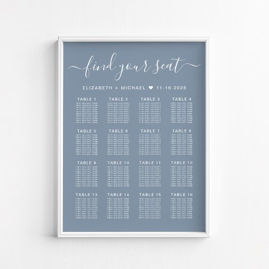 Stofbruin Blauwe Tafel Bruiloft Zitplaats Chart Poster