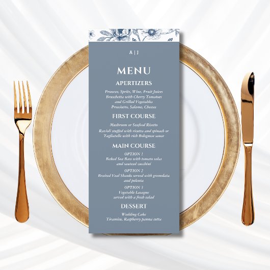 Stofbruin Blauwe Vintage Bloem Franse Trouwmenu Menu