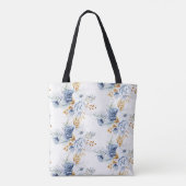 Stofbruin Blauwe Witte Gouden Bloem Bruiloft Tote Bag (Achterkant)