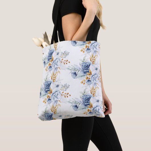 Stofbruin Blauwe Witte Gouden Bloem Bruiloft Tote Bag (Dichtbij)